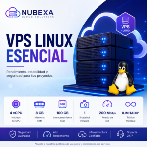 Nubexa VPS Linux Essential con 4 vCPU, 8 GB RAM y 100 GB SSD