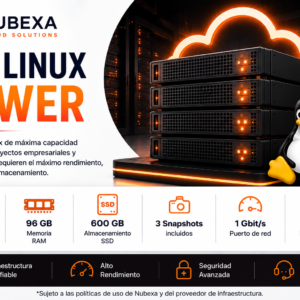 Nubexa VPS Linux Power con 18 vCPU, 96 GB RAM y 600 GB SSD