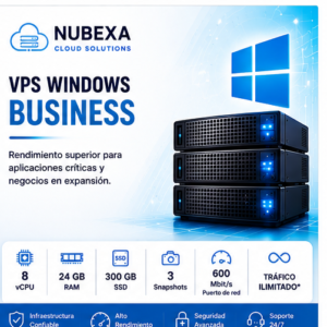 VPS Windows Business de Nubexa con 8 vCPU, 24 GB de RAM y 300 GB SSD.