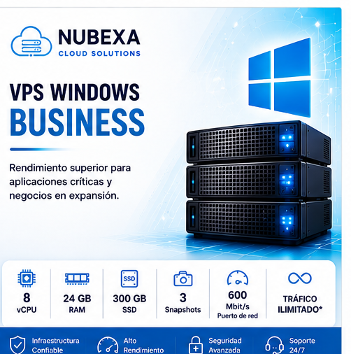 VPS Windows Business de Nubexa con 8 vCPU, 24 GB de RAM y 300 GB SSD.