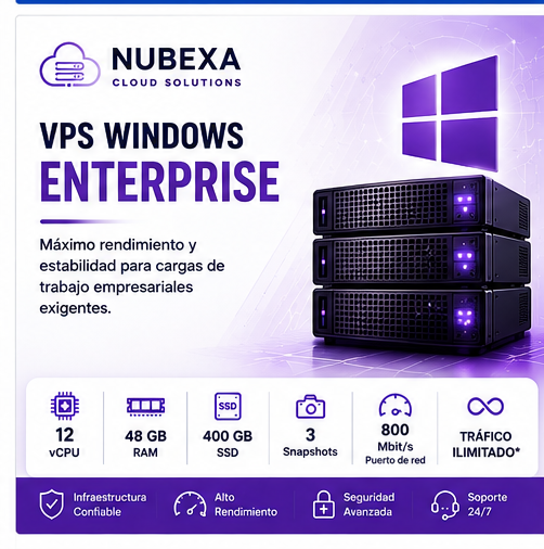 VPS Windows Enterprise de Nubexa con 12 vCPU, 48 GB de RAM y 400 GB SSD.