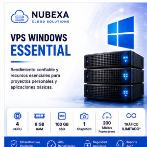 VPS Windows Essential de Nubexa con 4 vCPU, 8 GB de RAM y 100 GB SSD.