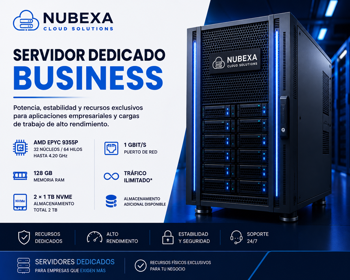 Servidor Dedicado Business Nubexa AMD EPYC 9355P 128 GB RAM 2 TB NVMe