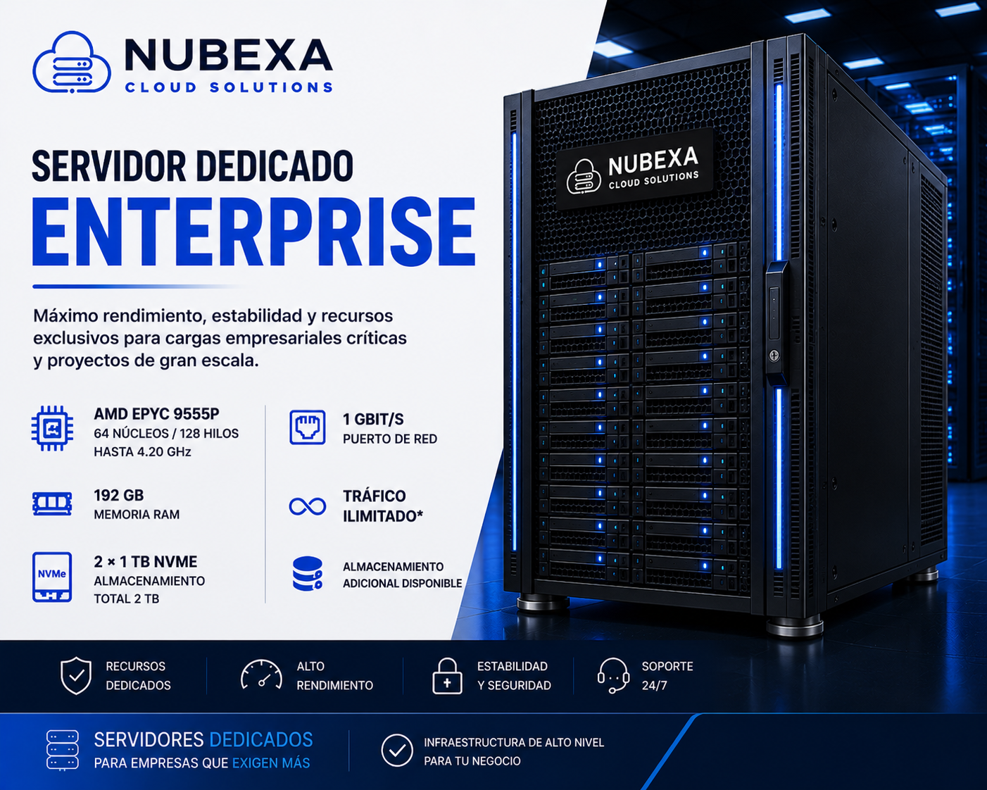 Servidor Dedicado Enterprise Nubexa AMD EPYC 9555P 192 GB RAM 2 TB NVMe