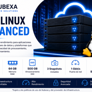 Nubexa VPS Linux Advanced con 16 vCPU, 64 GB RAM y 500 GB SSD